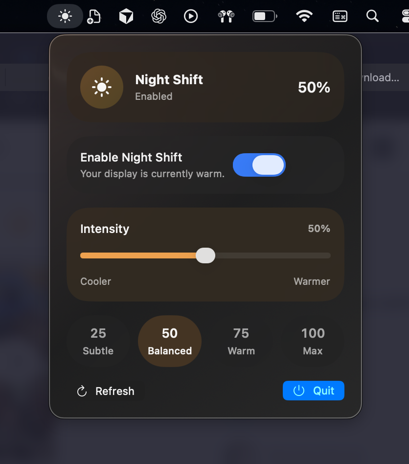 SunShift macOS menu bar screenshot