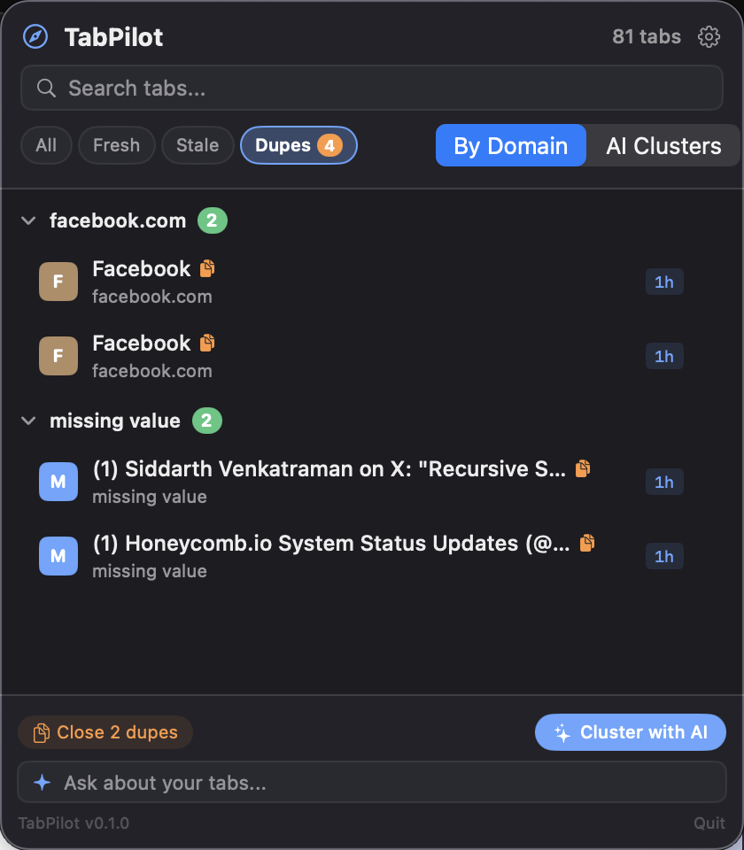 TabPilot Safari tab command center screenshot